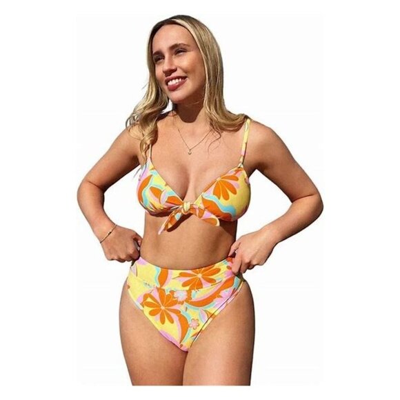 Women's CUPSHE Retro Daisy Print Knotted Top & Cheeky High Leg Bikini Set Sz L - Picture 3 of 8